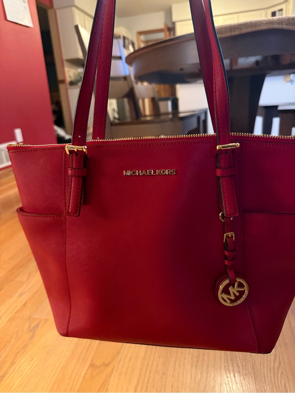 MICHAEL Michael Kors Red Saffiano Tote with Gold Hardware